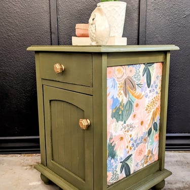 Olive Green Side Table/Nightstand with Floral Details
