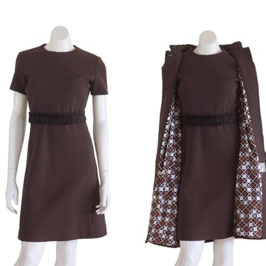 1960s brown wool dress with curly lamb trim and matching coat 