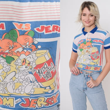 Vintage Tom and Jerry Shirt Graphic Polo Shirt 80s Bubble Bath Cartoon T Shirt Retro Tee 1980s Crop Top Single Stitch Shirt 2xs xxs 