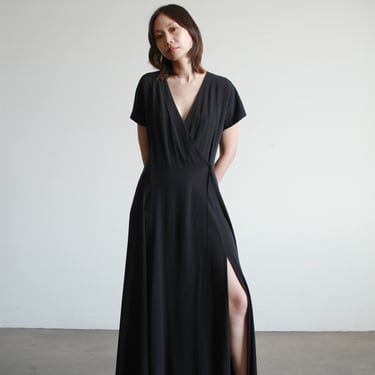 1990s Calvin Klein Black Silk Wrap Dress 