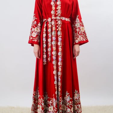 1970s 1940s Style Red Wool Embroidered Floral Robe