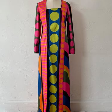 Vintage 1970s Jersey Rainbow Pop Art Dress L
