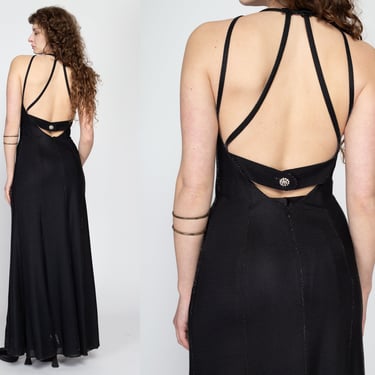 Medium 90s Black Metallic Strappy Backless Maxi Dress | Vintage Reggio Slinky Open Back Sexy Gown 