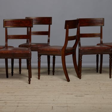 Set of Six English Georgian Mahogany Dining Chairs with Old Leather Seats & Brass Inlay