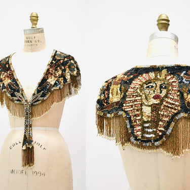 90s Vintage Gold Beaded Sequin Shawl Wrap Burlesque Wedding Flapper Gold Metallic Beaded Wrap Vintage Egyptian Collar Shawl Cleopatra Sphinx 