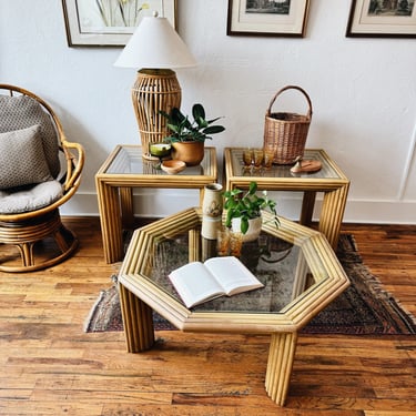 Vintage Rattan and Glass Coffee and End Tables