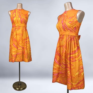 VINTAGE 60s Orange & Pink Chiffon Psychedelic Swirl Mini Dress | 1960s Empire Waist Short Watercolor Dress | VFG 