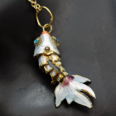 60's fantail goldfish cloisonne gold plate articulated pendant, enamel fish cable chain necklace 