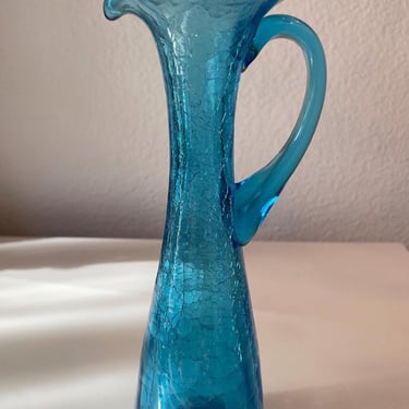 Vintage Blue Turquoise Crackle Glass Vase with Applied Handle | Blue Art Glass Pitcher | Decorative Turquoise Crackled Glass Pitcher 