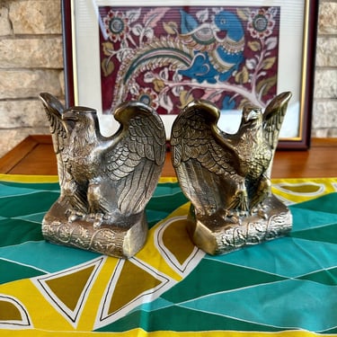 Pair of Mid Century 70s Era Brass Tone Cast Metal American Eagle Bookends 