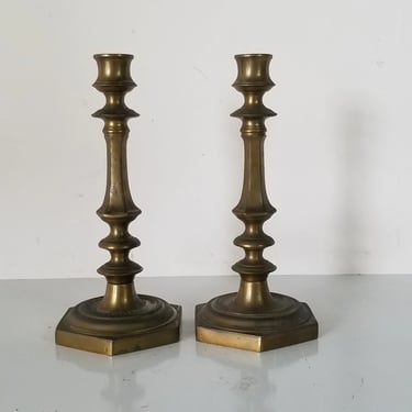 Vintage Heavy Solid Brass Candlesticks - a Pair 