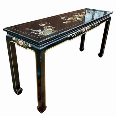 Vintage Chinese Black Lacquer Console Table w/ Chinoiserie Motifs, H. 36 in.