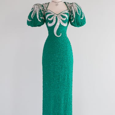 Fabulous 1980's SHOW STOPPING Emerald Green Beaded Evening Gown / SM