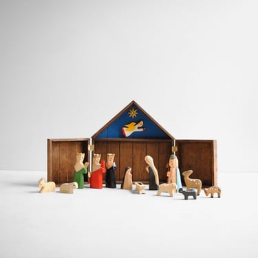 Vintage Wood Nativity Set in Folding Box, Lillian Vernon Hand Painted Wood Nativity Set 
