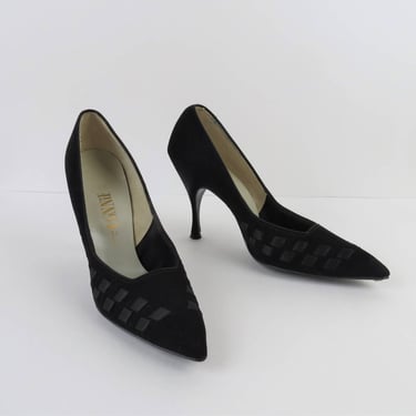Vintage 1960s NOS black suede pointed toe pumps, Connie, size 6, deadstock 