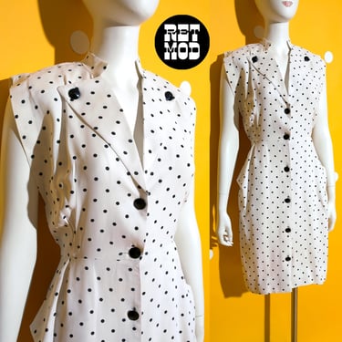 Vampy Vintage 80s 90s White Black Polkadot Lapel Dress by All That Jazz with Pockets 