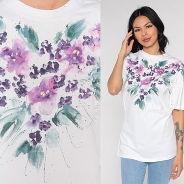 Floral T Shirt Hand Painted Shirt 90s Floral Tee Graphic White Purple Glitter Paint Single Stitch Short Sleeve TShirt Vintage Hanes Large xl 