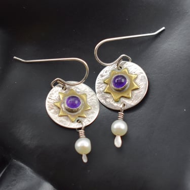 70's 925 sterling silver brass amethyst pearl hippie dangles, mixed metal mystic star disc earrings 