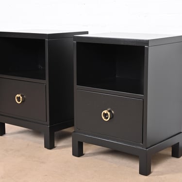 Robsjohn-Gibbings for Widdicomb Mid-Century Hollywood Regency Black Lacquered Nightstands, Newly Refinished