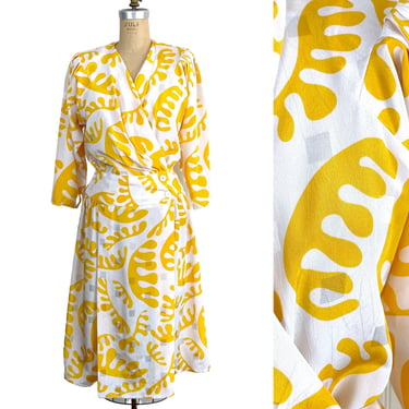 1980s vintage silky yellow and white wrap front dress - size S-M 