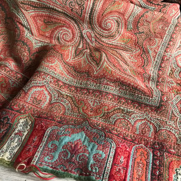 Paisley Wool Scarf Shawl, 19th Century, Blanket Scarf, Paisley Wrap, Knit Scarf, Throw Classic Traditional Design Finely Woven Antique, KH 