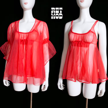Sexy Vintage 60s 70s Red Sheer Babydoll Nightgown with Matching Robe with Bell Sleeves 