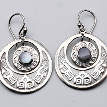 80's 950 silver Mother of Pearl Mayan circle in circle dangles, fine silver MOP llamas earrings 