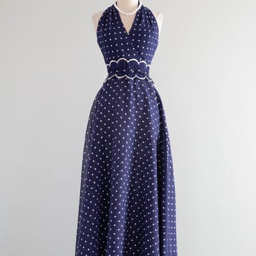 Fabulous 1970's NOS Navy Blue Polka Dot Halter Dress With Matching Shawl / S