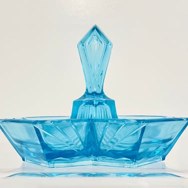 Vintage 1970s MCM Aqua Blue Art Glass Starburst Handle Candy Dish Pyramid Star Tray 