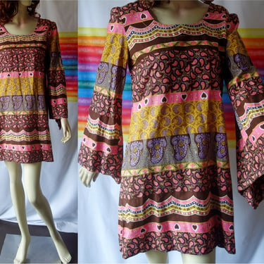Groovy hippie bell sleeve mini dress XS Small, 60s 70s go go hippie paisley angel sleeve boho ditsy floral pink and brown novelty print 