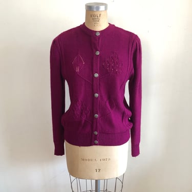Bright Purple/Fuchsia Cardigan with Pointelle Leaf Details  -1980s 