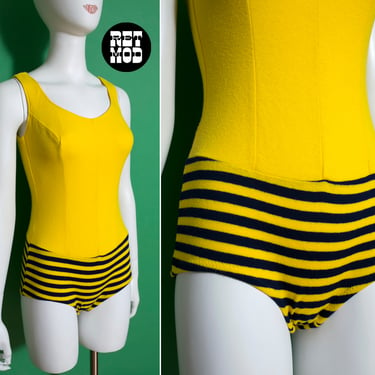 MOD Vintage 60s Yellow & Black Stripe One-Piece Swimsuit 