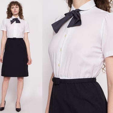 70s Black & White Ascot Tie Secretary Dress - Small | Vintage Two Tone Knee Length Midi Shirtdress 