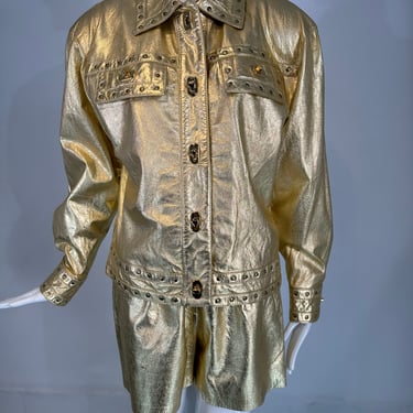 Exit Shops 1980s Gold Leather Biker Jacket & Matching Gold High Waist Shorts 8