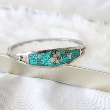 sterling silver + turquoise chip inlay - floral hinged bracelet 