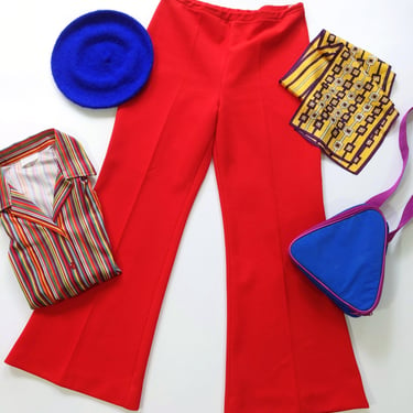 Fantastic Vintage 60s 70s Bright Red Textured Polyester Pants 