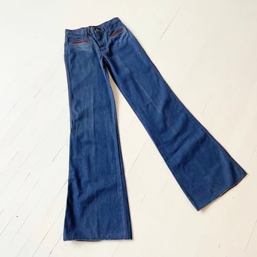 Vintage Dark Denim Flare Jeans with Brown Leather Pockets 