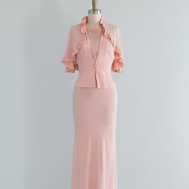 Stunning 1930's Pale Blush Evening Gown & Jacket / Small
