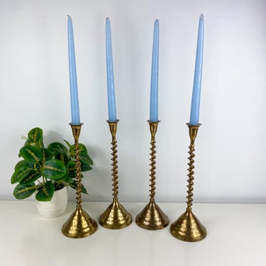 Brass Barley Twist Candlestick Holder set of 4, Christmas Centerpiece, Holiday Mantle Display, Vintage Brass Candle Holders, Twisted Brass 