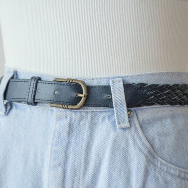 navy braided leather belt | 80s 90s vintage dark blue woven belt 