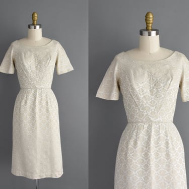 1950s vintage dress | Ivory Beige Textured Pencil Skirt Dress | XS 