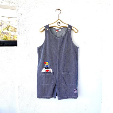 Vintage 90s Looney Tunes Denim Shorts Overalls Pin Striped Tweety and Sylvester 