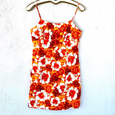 Vintage 90s Y2k Hawaiian Dress Bright Floral Dress Orange Short Tank Muumuu 