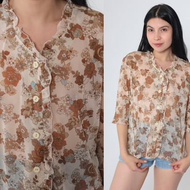 Sheer Floral Blouse Y2K Ruffled Button Up Top Off-White Brown Flower Print Retro Feminine Bohemian 3/4 Sleeve Summer Party Vintage 00s Large 