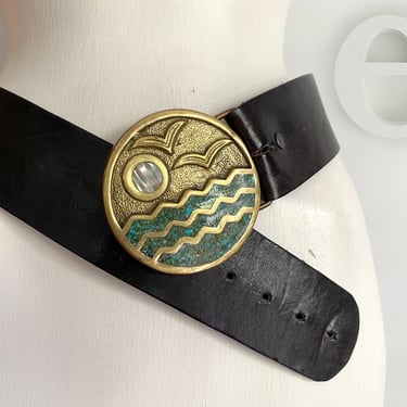 RARE vtg 60s 70s Hippie Belt! | Unisex Hippie Boho "Sunset on the Ocean with Seagulls" Brass Buckle w Mother of Pearl & Turquoise Inlay | 