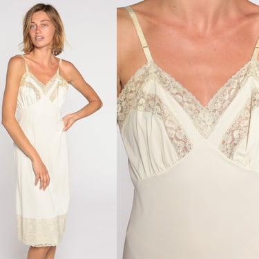 70s Slip Dress Off White Midi Lingerie Nightgown Lace Trim Slip Adjustable Straps 1970s Romantic Vintage Boho Empire Waist Bohemian Small S 