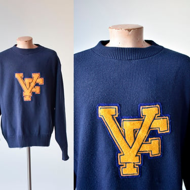 Vintage Pullover Varsity Sweater / Vintage Knit Varsity Sweater / Vintage Navy Blue Knit Varsity Sweater / Vintage V F Letterman Sweater 