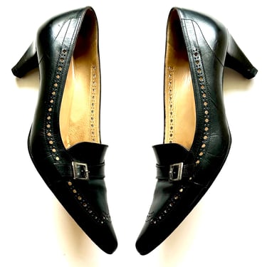 Vintage Celine Leather Heels Women’s Black Loafers Pumps Buckle Cutout 