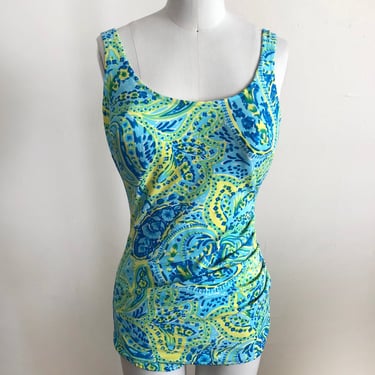 Blue and Yellow Paisley Print Swimsuit - 1960s 