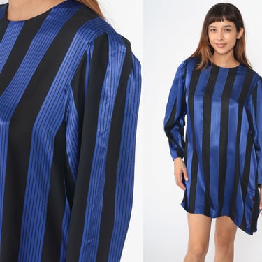 Striped Mini Dress 80s Shift Dress Shiny Blue Black Striped Dress Long Puff Sleeve Dress Vintage 1980s Button Side Casual Large 
